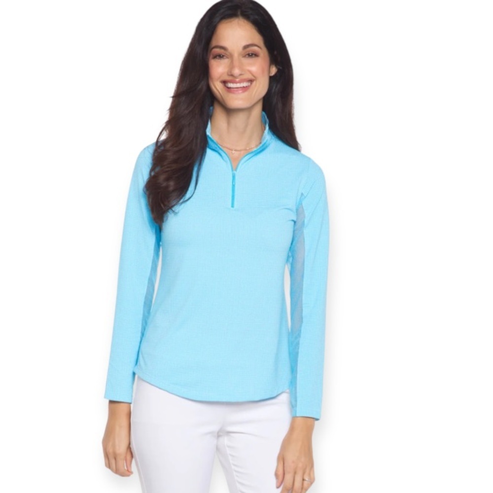 IBKUL Long Mesh Sleeves Mock Neck Top-Mini Check Turquoise and White